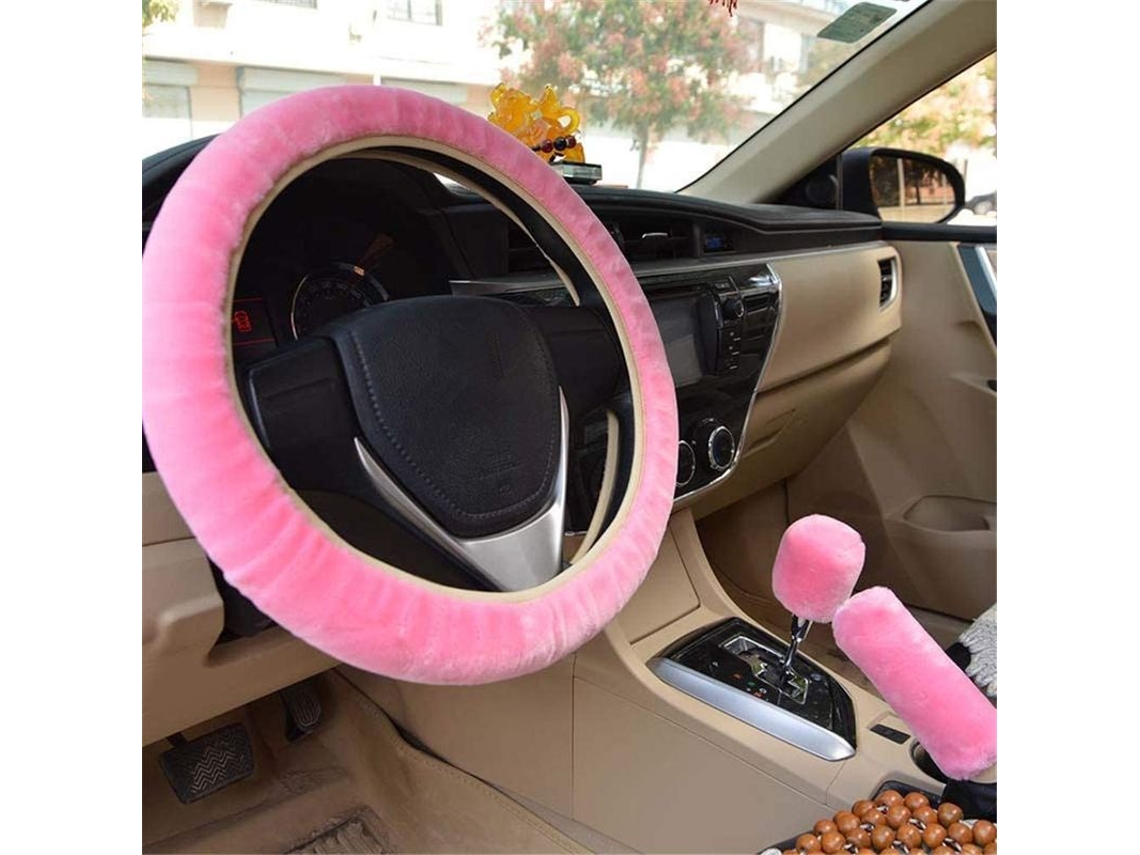 Juego De 3 Piezas: Funda Para Volante, Funda Para Freno De Mano, Funda Para Palanca De Cambios, Accesorio De Invierno De Felpa Para Coche, Color Rosa.