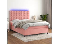Cama Box Spring Colchón Y Led Terciopelo Rosa 140x190 Cm