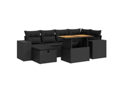Conjunto de sofá de jardín de 8 piezas con cojines de mimbre, negro/acacia, exclusivo de MAISON