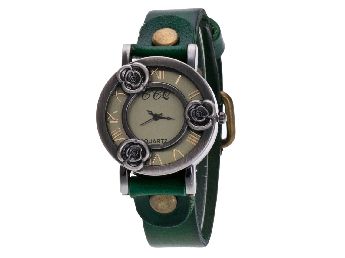Reloj De Cuarzo Para Mujer Con Números Romanos Y Correa De Pu Con Diseño Floral Calado (verde).