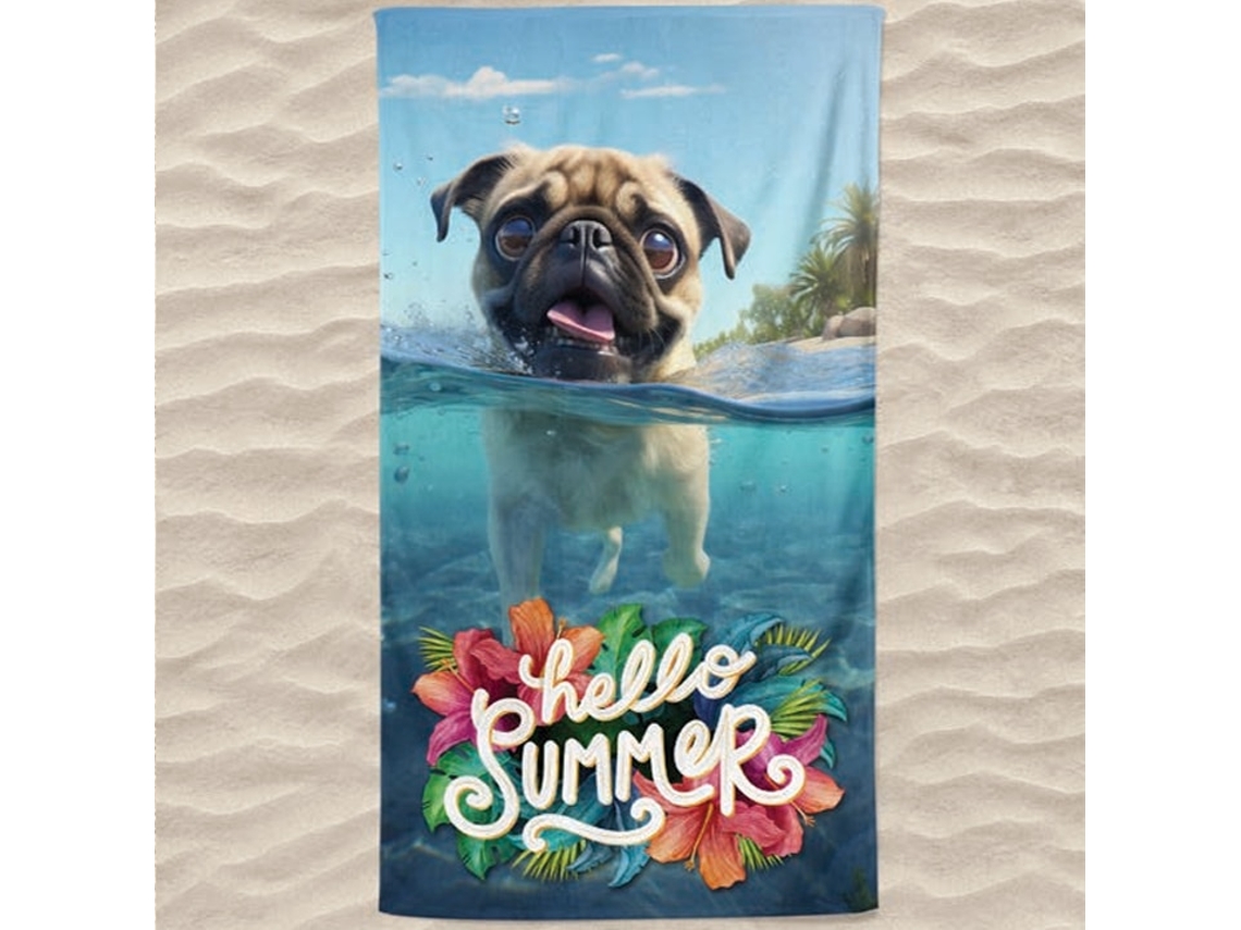 Toalla De Playa De Microfibra Pug Hello Summer
