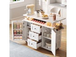 Isla de cocina móvil con encimera plegable, carrito de cocina, 5 ruedas, estante en la puerta, botellero y portavasos, 120 x 42 (60) x 93 cm