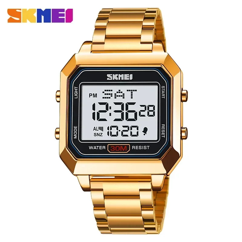 Reloj Digital Luminoso (dorado) Para Hombre, Correa Cuadrada De Acero Inoxidable.