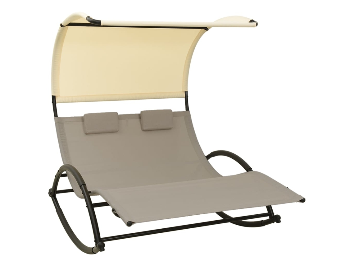 Tumbona doble Mueble para patio Asiento de jardín con toldo textilene color gris taupe y crema