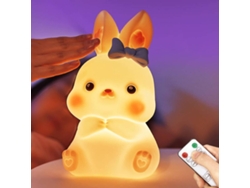 Luz de noche para niños, adorable lámpara de silicona con forma de conejito blandito y control remoto, luz de noche con animales kawaii (rosa)