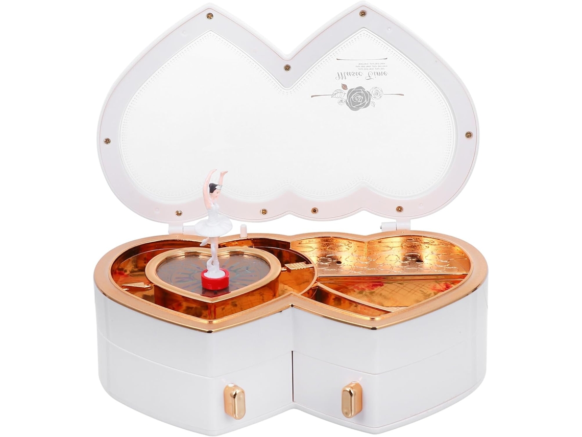 Caja De Música De Madera Blanca Con Bailarina Y Doble Corazón, Joyero Musical Giratorio Para Oficina.