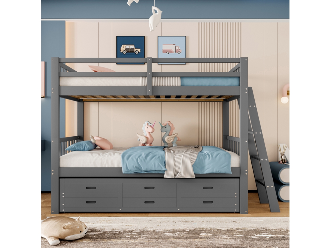 Litera de 90x200 cm con cama supletoria y 3 cajones en madera maciza de pino y MDF gris.