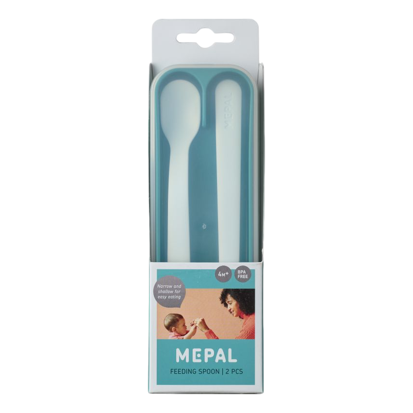 Mepal Mio – juego 2 cucharas alimentación turquesa bebé larga postre apto para lavavajillas deep turqoise pequeño set con funda menaje infantil 62 x 23 205