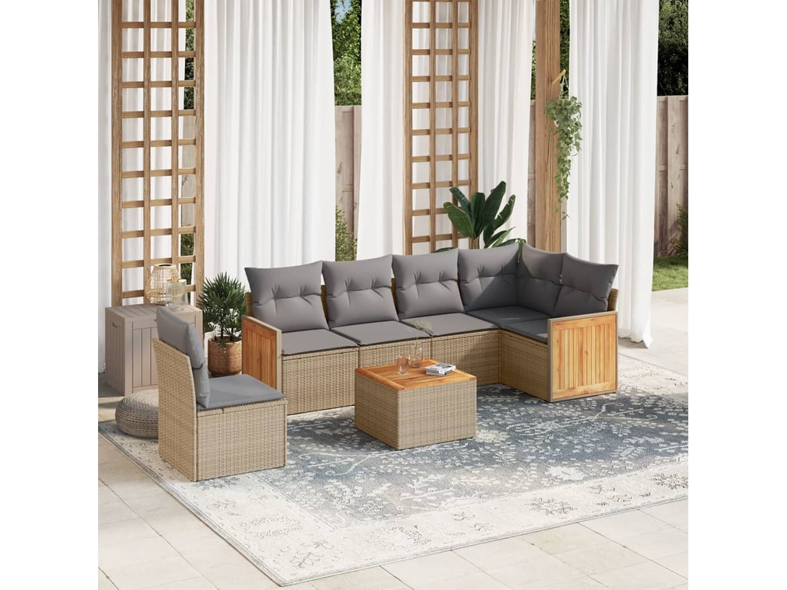 Conjunto de sofá de jardín de 7 piezas con cojines, mimbre sintético beige, Dkd Home Decor