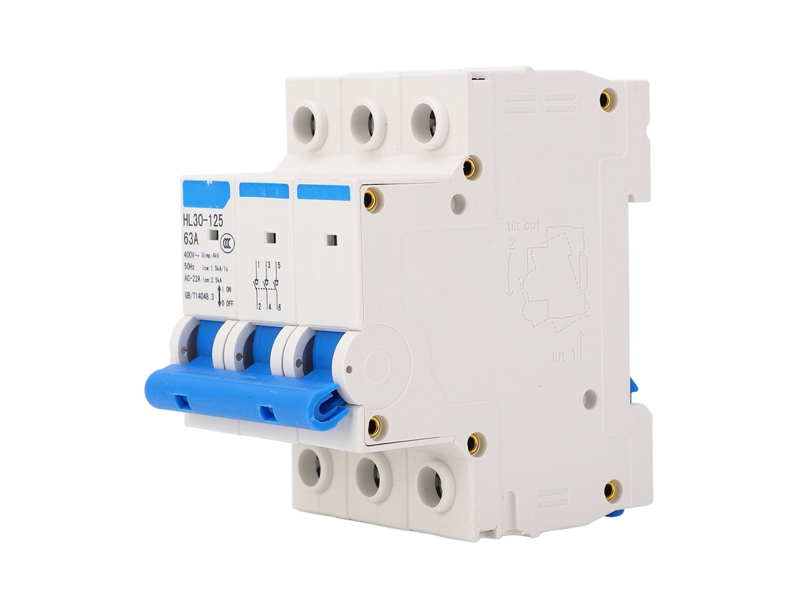 Disyuntor Miniatura De 3 Polos, 63 A, 400 V Con Interruptor De Aislamiento Para Montaje En Riel Din, Fabricado En Material De Policarbonato Ignífugo.