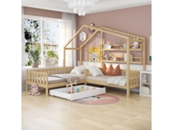 Cama de madera maciza de 90 x 200 cm y 140 x 70 cm con cajones y estantes, estructura de láminas naturales.