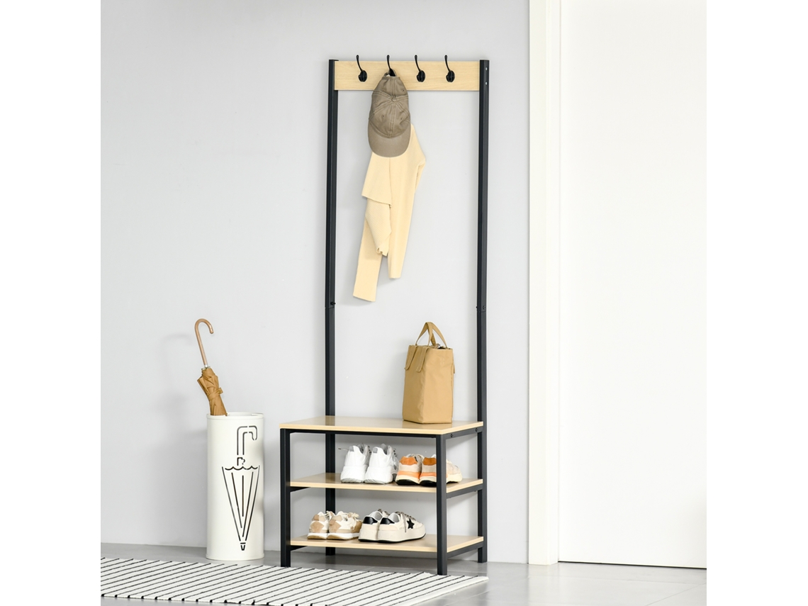 Cabideiro de Metal com Espaço para Sapatos, 3 Prateleiras, 4 Ganchos, 60x40x175cm, Preto e Natural PMM CAPITALI