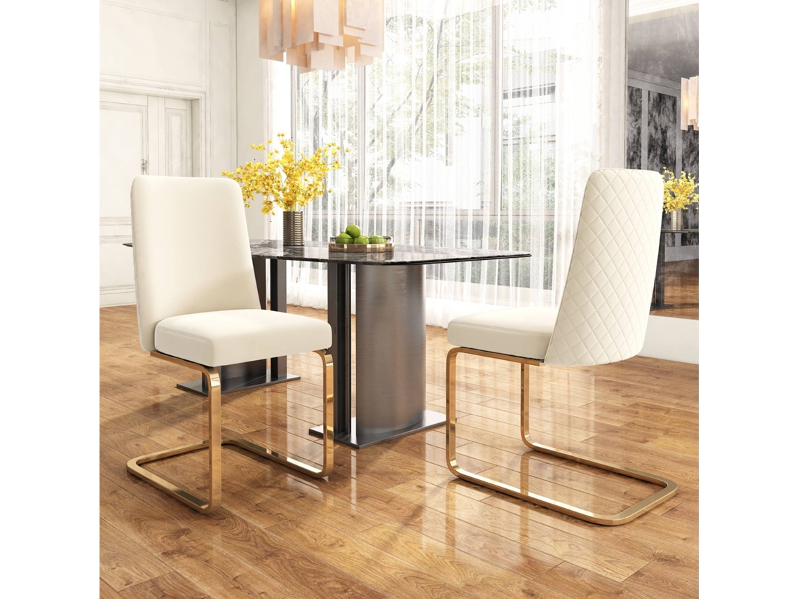 Juego de 2 sillas Cantilever de terciopelo, respaldo con diseño de rombos, base de metal dorado, estilo beige