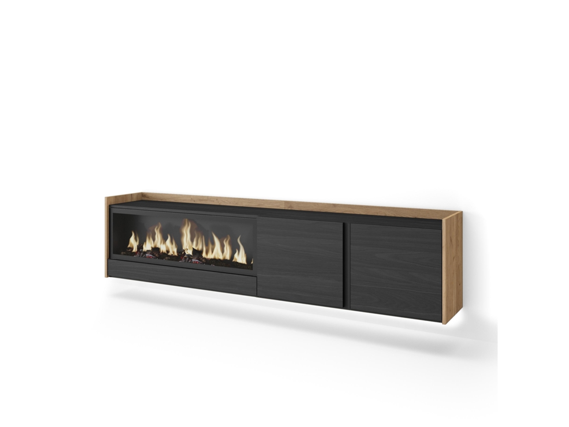Mueble Tv, Televisión, 212x35x50cm, Para Tv Hasta 80", Chimenea Eléctrica Xxl, Colgado, Suspendido, Led, Negro Y Roble