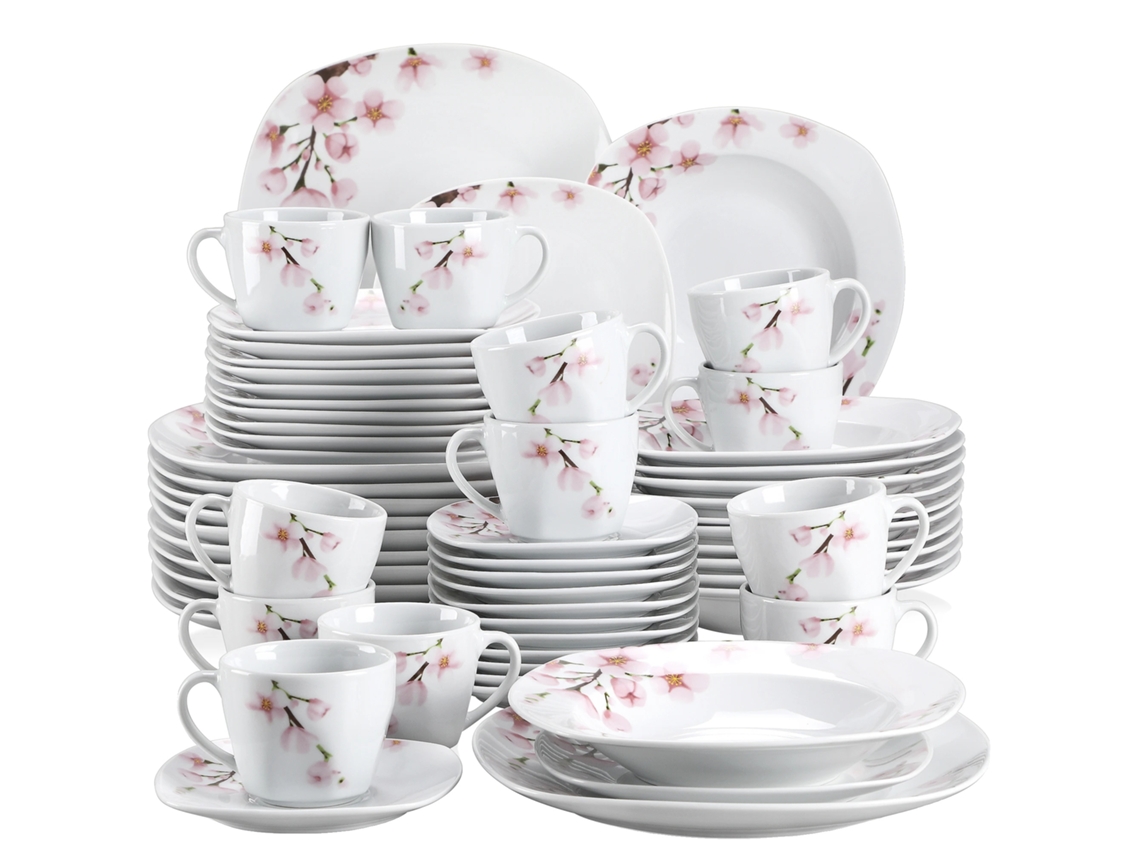 Juego de vajilla de porcelana de 60 piezas, diseño floral rosa, apto para microondas y lavavajillas, 60 piezas OEM