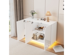 Aparador de 120 x 40 x 75 cm con superficie brillante, abierto y cerrado, con iluminación LED, estilo mueble de almacenaje blanco.