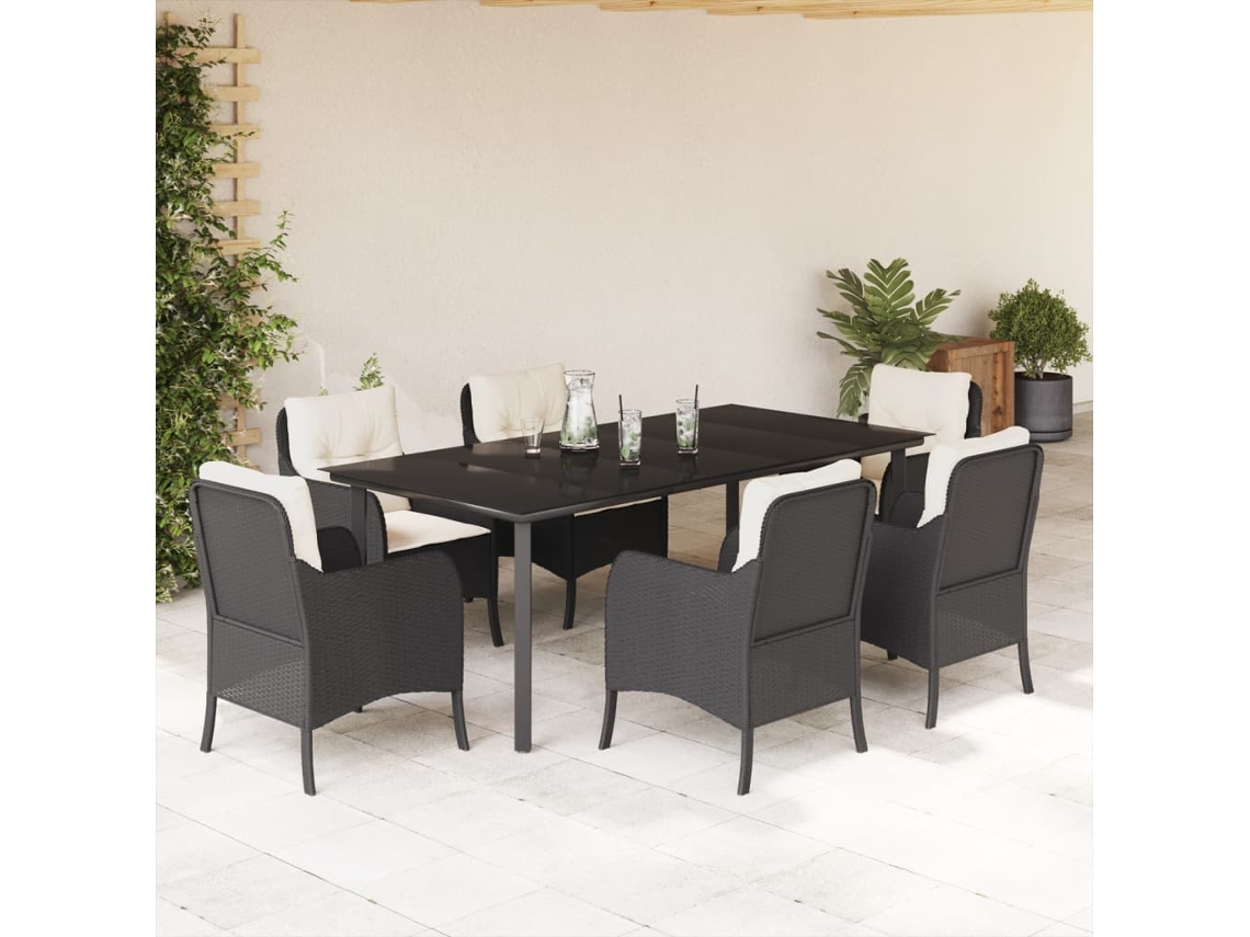 Juego de comedor de jardín de 7 piezas con cojines de mimbre negros de DKD Home Decor