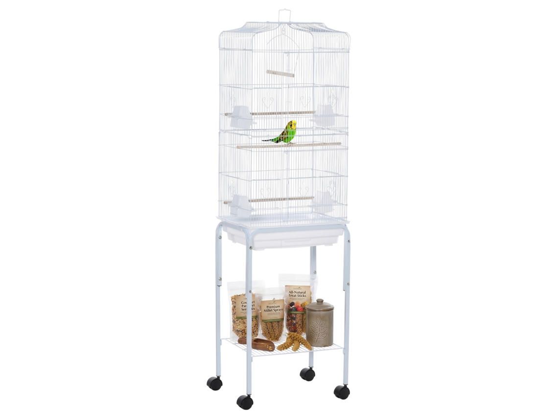 Gaiola Pássaros Rodas Metal Bandeja Prateleira 46,5x36x157 Branca