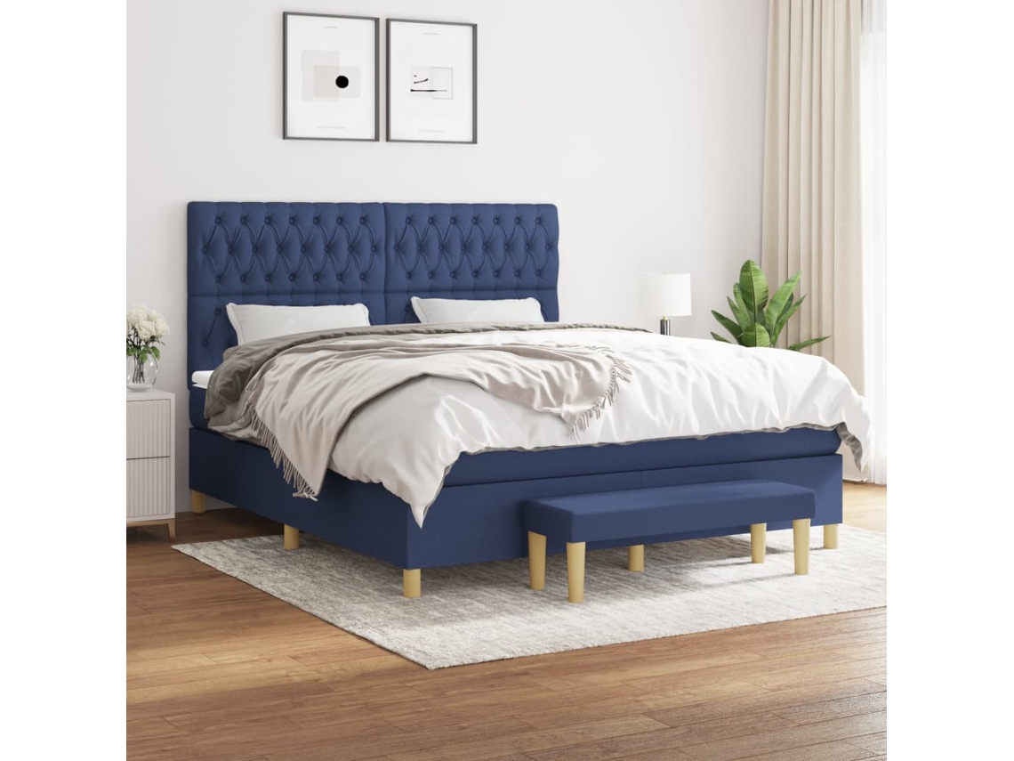 Cama Box Spring Con Colchón Tela Azul 180x200 Cm