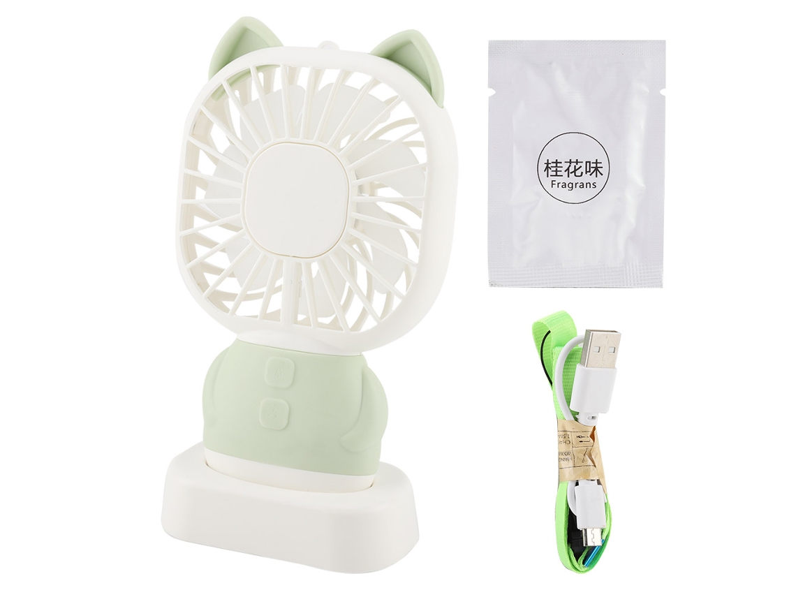 Ventilador USB portátil con aromaterapia y luz nocturna verde.