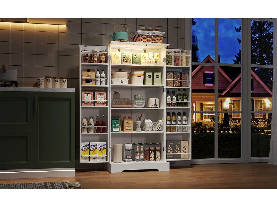 Aparador multifuncional blanco con iluminación LED y sensor, estantes ajustables, sistema antivuelco, práctico para la cocina y el comedor.