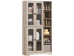 Mueble de cocina auxiliar con estantes abiertos y 4 puertas de cristal, 90x35x172 cm, gris claro.
