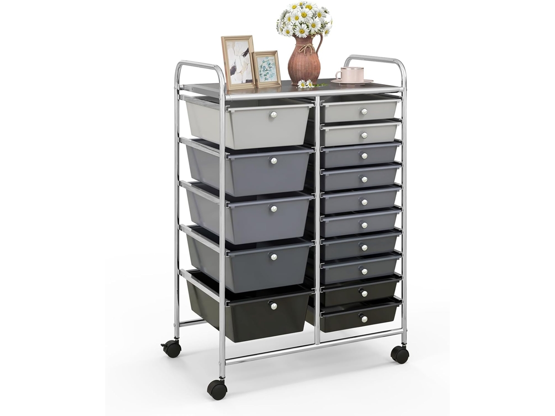 Carrito Auxiliar Almacenamiento con 15 Cajones Apilables y Ruedas Estructura Metálica, Carro Organizador para Cocina Restaurante COSTWAY