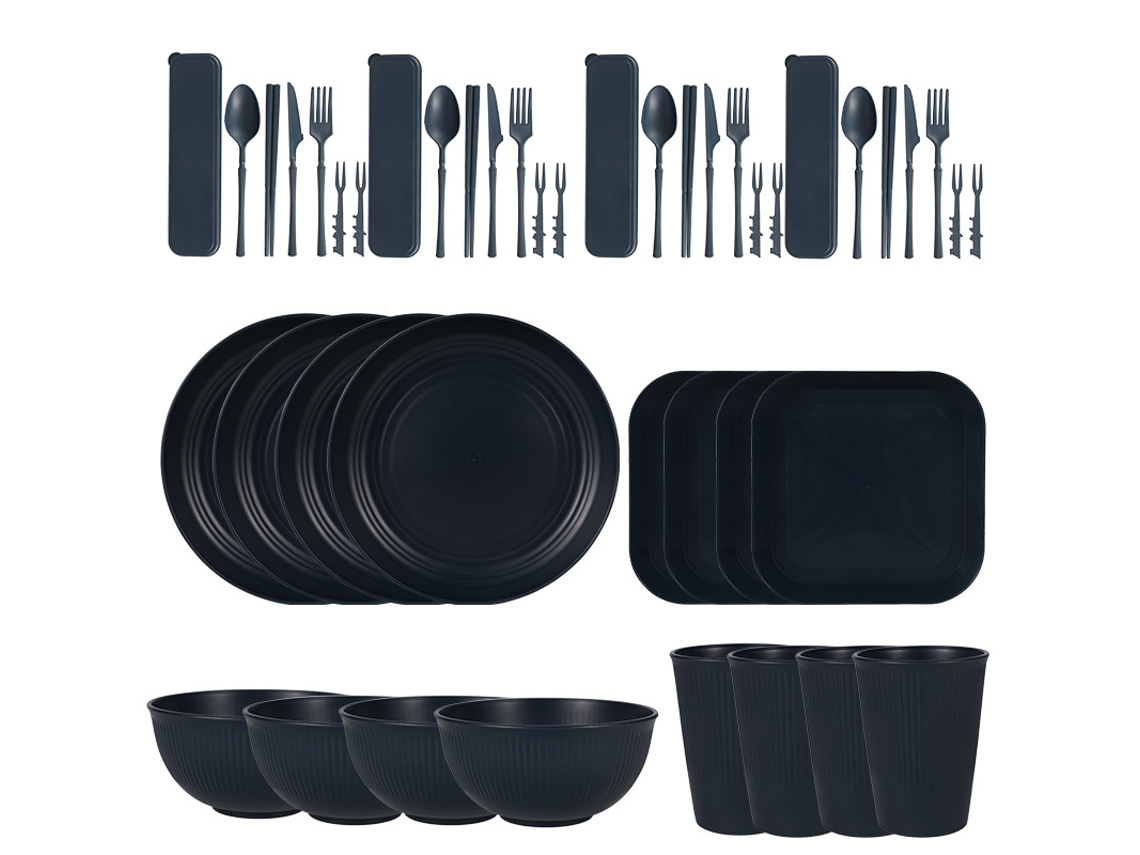 Juego de cubiertos de paja de trigo de 44 piezas, platos y cuencos reutilizables resistentes, azul oscuro (Digitallab)