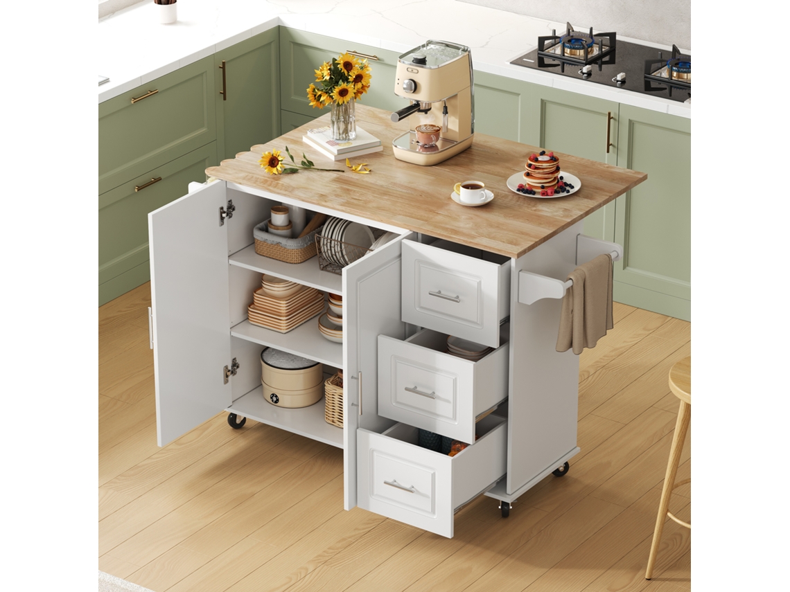 Gran Mesa De Cocina Móvil Con Tapa De Roble, Diseño Plegable, Mueble Multifuncional, 3 Cajones, Toallero.