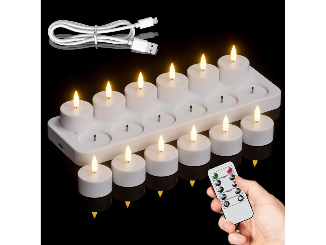 Velas LED sin llama Siurn con base de carga y temporizador remoto (paquete de 12)