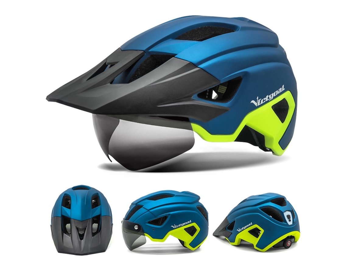 Casco de bicicleta, visera solar y gafas, recargables. Mdug (azul y amarillo, talla 57-61 cm).