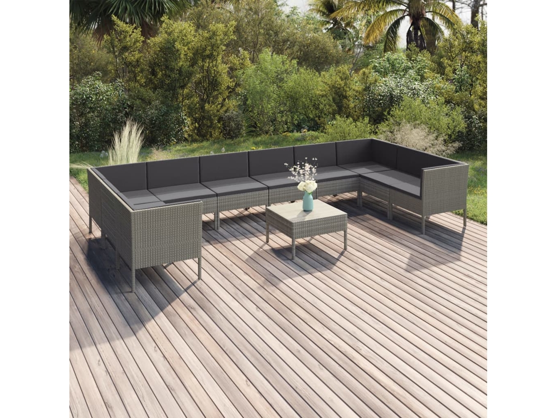 Conjunto de jardín de 11 piezas con cojines, ratán gris, DKD Home Decor