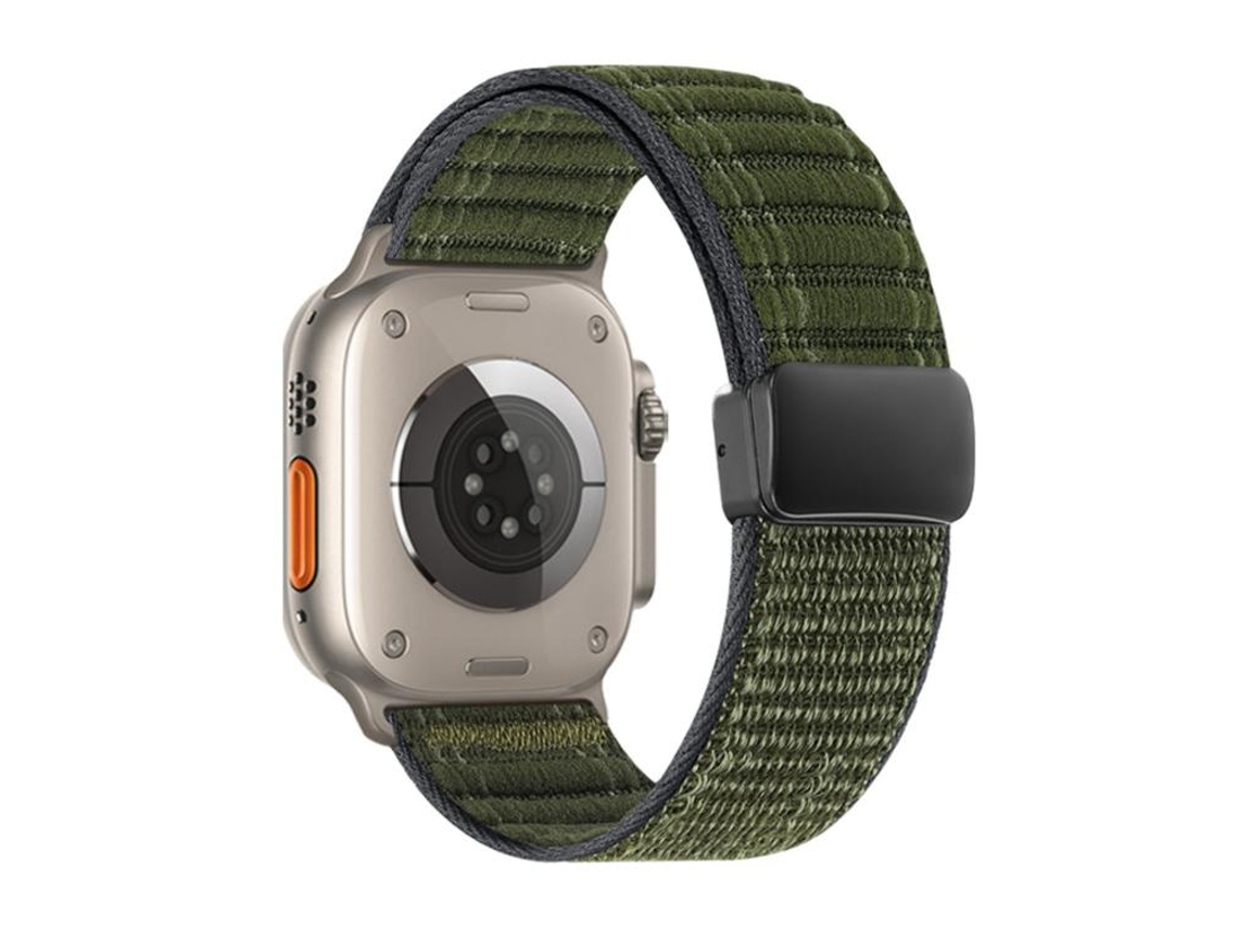 Bracelete Para Apple Watch 46/49/45/44mm - Nylon Com Padrão Ondulado E Fecho Magnético Verde Oliva