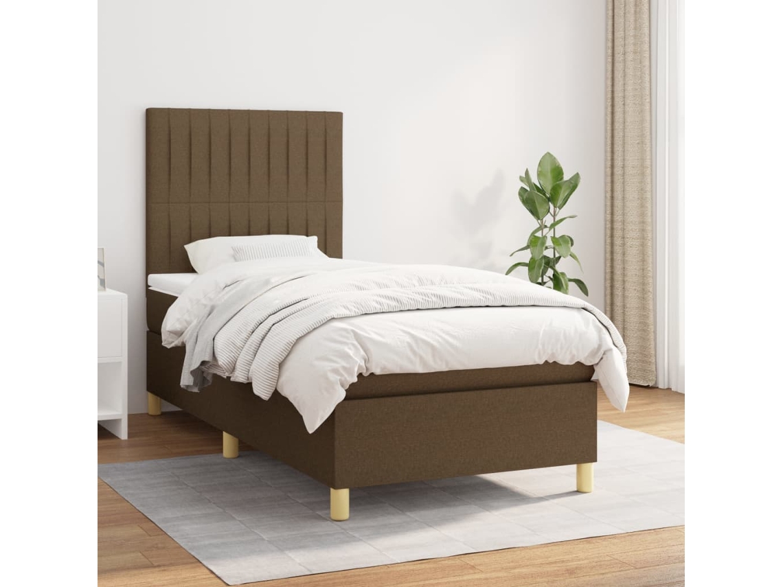 Cama Box Spring Con Colchón Tela Marrón Oscuro 100x200 Cm