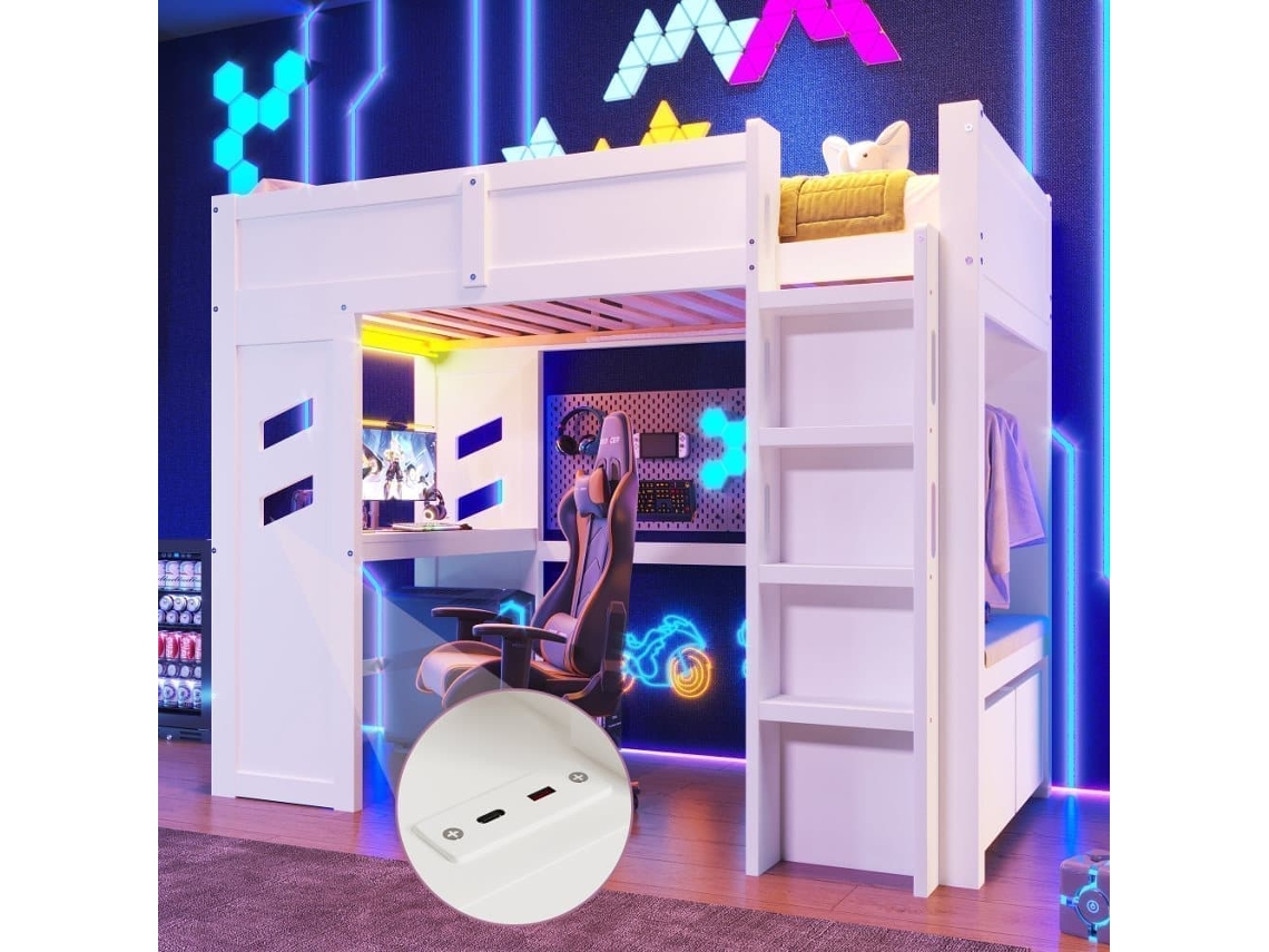 Cama Alta 90x200 Cm - Gaming Con Escritorio, Led, 1 Usb, 1 Tipo C, Con Estante, Blanco