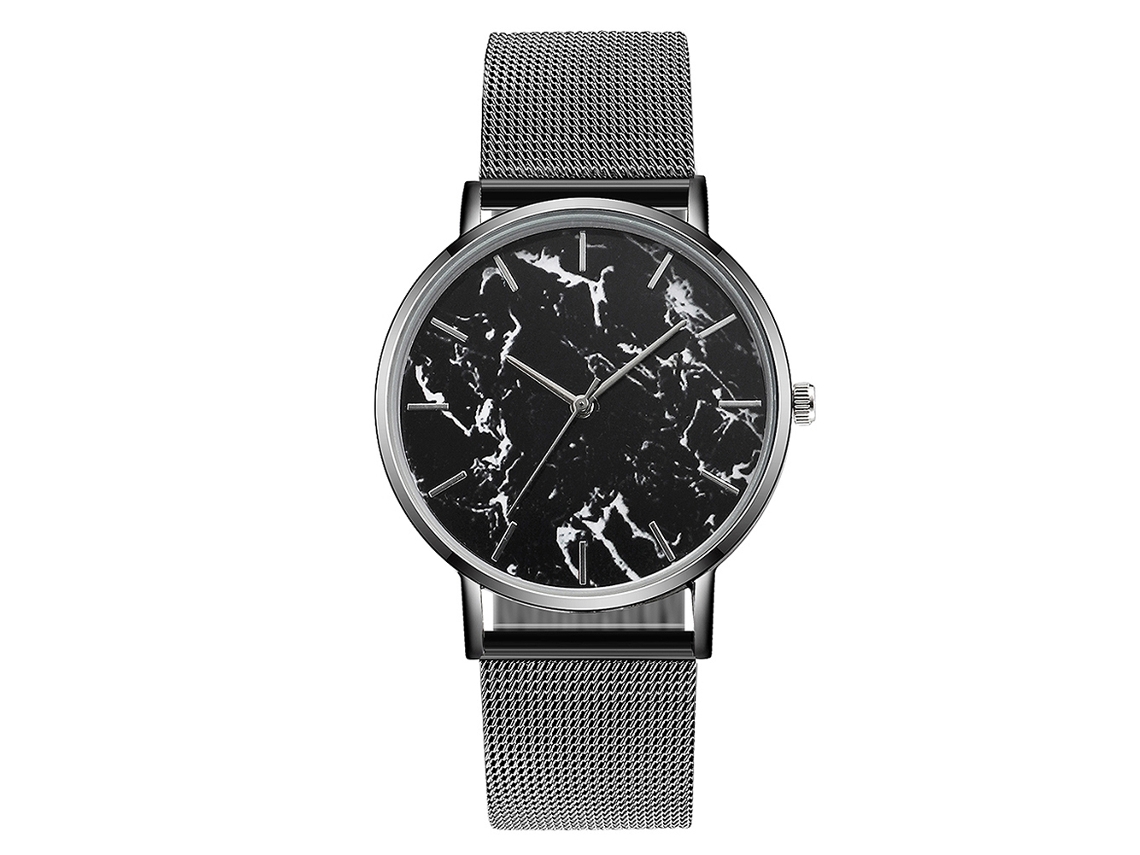 Reloj De Pulsera Casual Para Mujer Y Hombre Con Correa De Malla Dial Redondo Patrón Marmol Negro