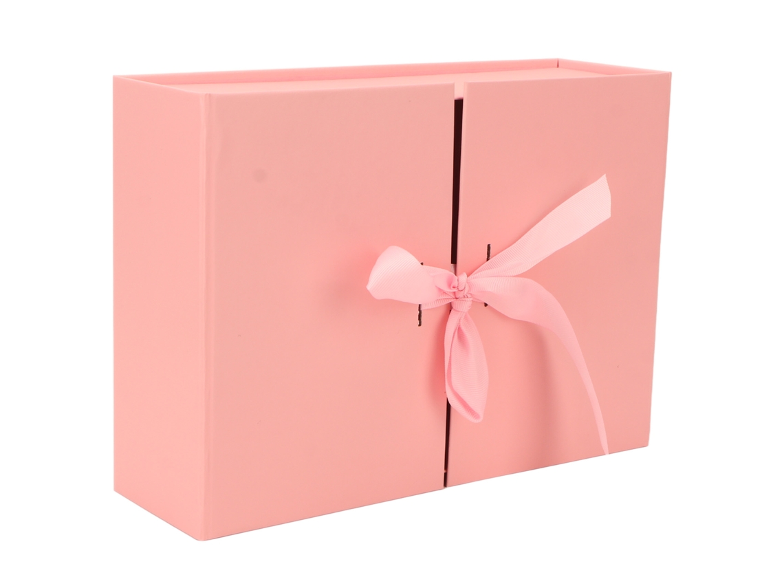 Caja De Regalo Doble Puerta Plegable Reutilizable De Papel Rosa 26x19x8cm Con Lazo Decorativo