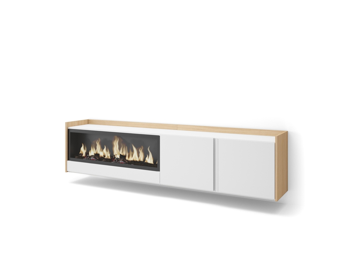 Mueble Tv, Televisión, 212x35x50cm, Para Tv Hasta 80", Chimenea Eléctrica Xxl, Colgado, Suspendido, Blanco Y Roble Soft