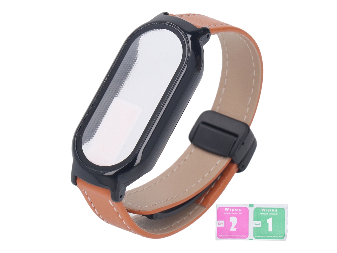 Pulsera 3 en 1 Mi Band 8, de piel sintética, color café, con cierre magnético y ajustable.