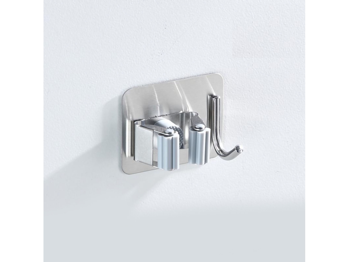 Soporte De Acero Inoxidable Para Escobas Y Paños Con Gancho, No Requiere Taladrar, Para Baño O Cocina, Color Gris.