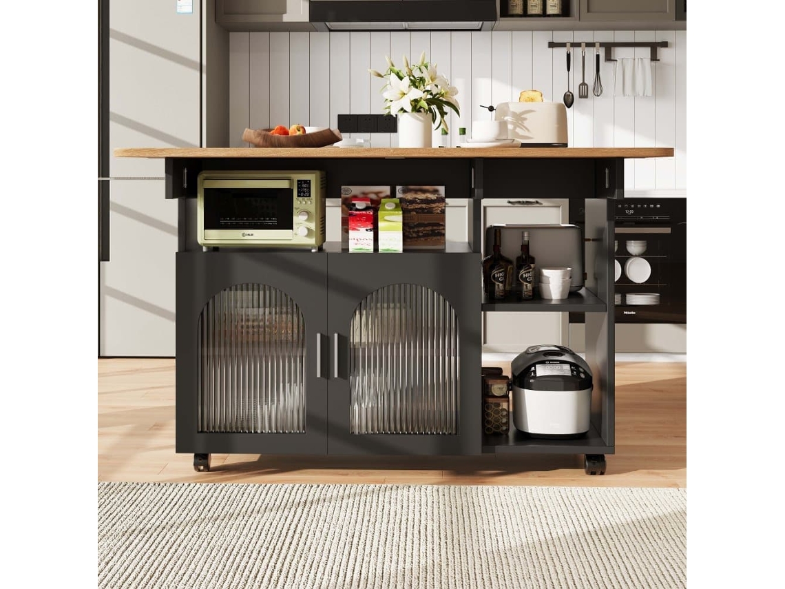 Isla De Cocina - Moderno, Con Muebles De Cocina Y Carrito Extraíble - Negro+natural