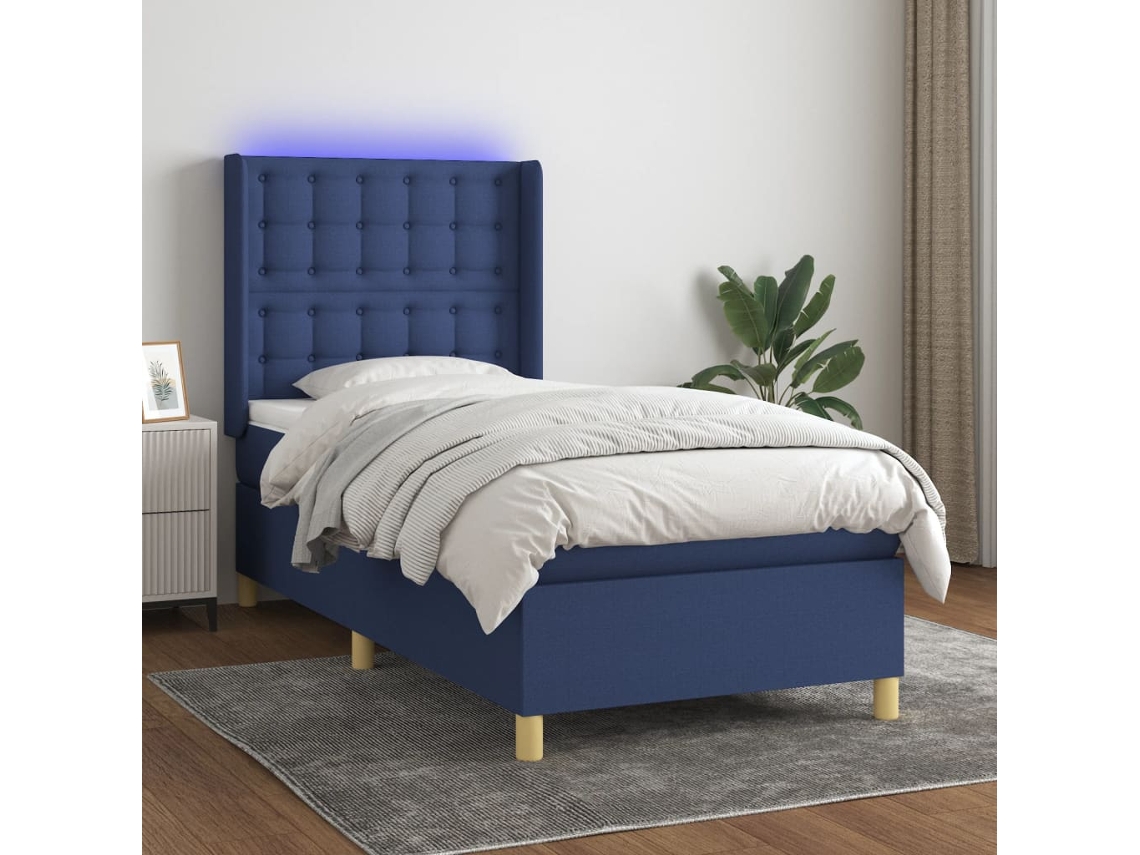 Cama Box Spring Colchón Y Luces Led Tela Azul 80x200 Cm
