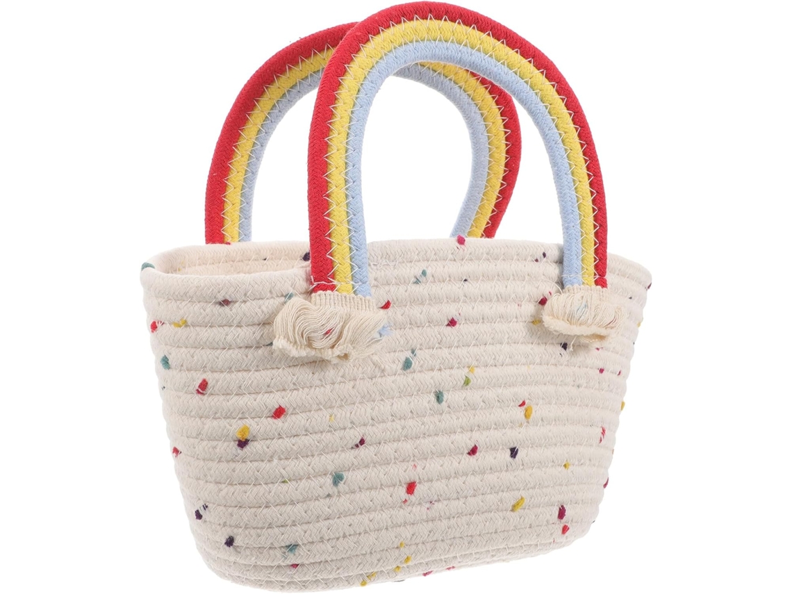 Bolso Tote Tejido De Algodón Blanco Con Estampado Arcoíris Y Asas, Cesta Trenzada Grande, 28x17x15 Cm