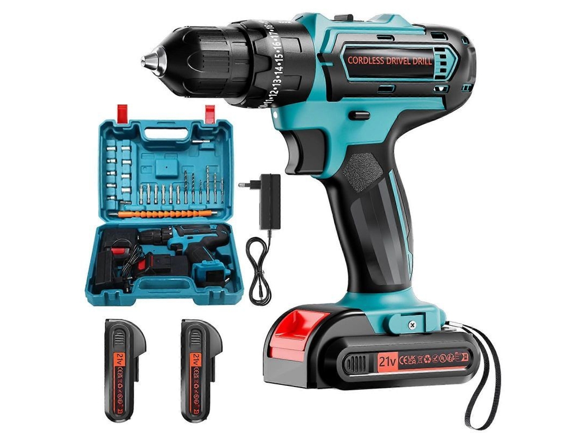 Taladro inalámbrico 21V con 2 baterías y cargador. Mandril 3/8". Kit eléctrico.