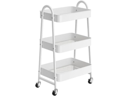 Carrito de comedor metálico con ruedas y tres estantes para uso en la cocina, con asas.