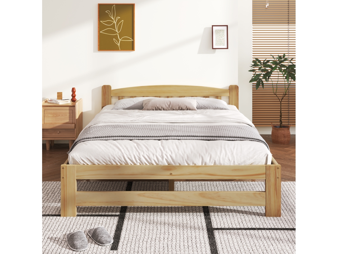 Cama Plegable De Madera Maciza De 140x200 Cm Con Cabecero De Lamas Naturales.