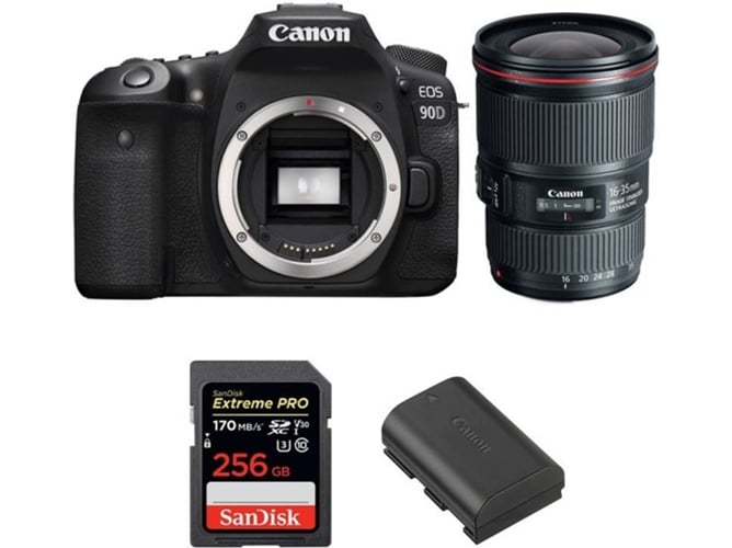 Kit Cámara Réflex CANON EOS 90D + EF 16-35mm f/4L IS USM + SanDisk 256GB + LP-E6N