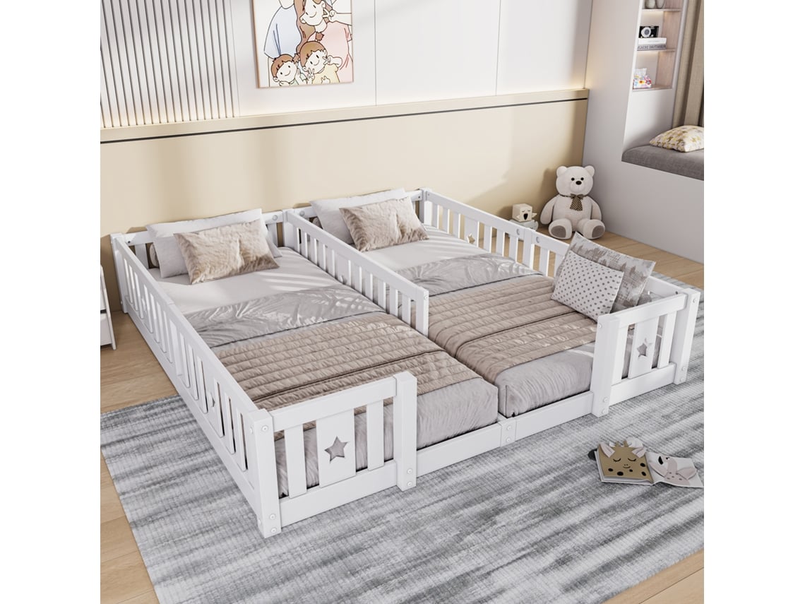 Cama Infantil Montessori 180 X 200 Cm, Cama Doble Infantil, Madera Maciza De Pino Natural, Protección Anticaída, Blanco, Sin Barandillas