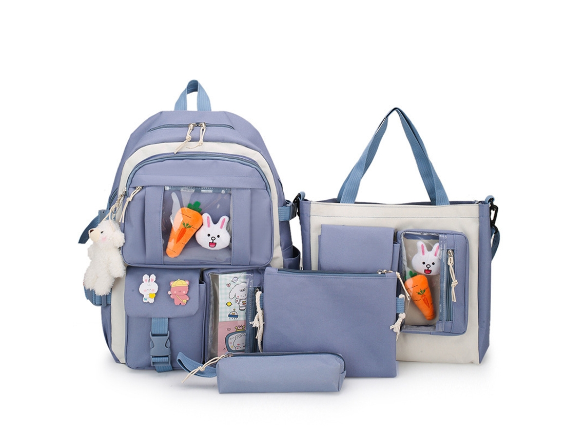 Bonito juego de mochila, cuatro piezas, 43 cm, con colgante. Azul. Hexinyigjly