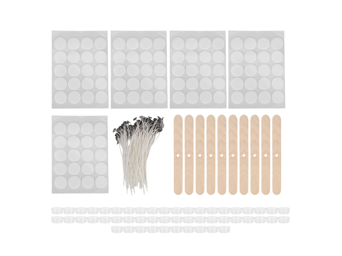 Kit para velas: 100 mechas, 100 tiras adhesivas de doble cara, 50 portavelas, 10 soportes de madera (sin marca).